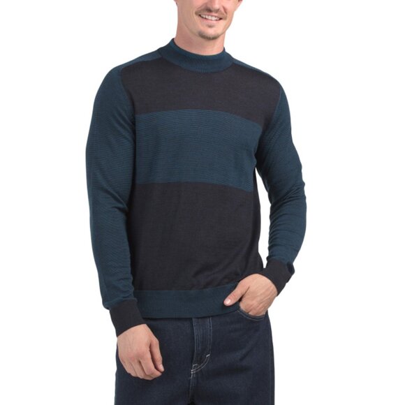 ROBERT BARAKETT Dark Teal Merino Wool Cullen Bay Color Block Sweater - Picture 1 of 2